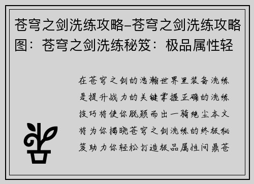 苍穹之剑洗练攻略-苍穹之剑洗练攻略图：苍穹之剑洗练秘笈：极品属性轻松打造